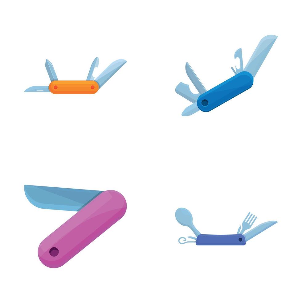Army knife icons set cartoon . Pocket multipurpose folding knife vector