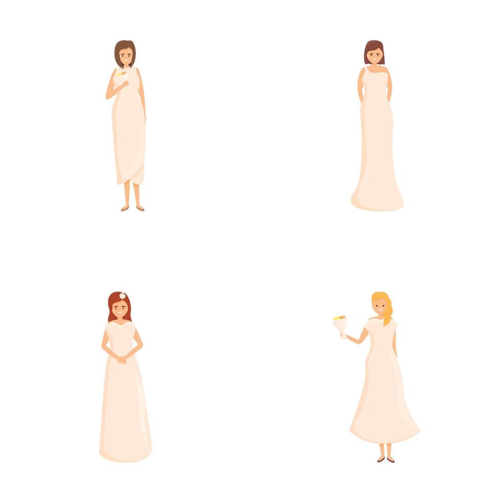 Beautiful bride icons set cartoon . Bride in various dress style vector