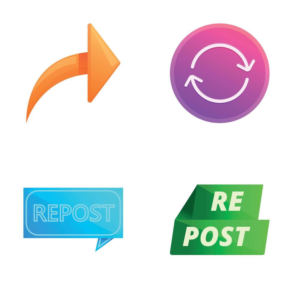 Repost icons set cartoon . Retweet repost and share button vector