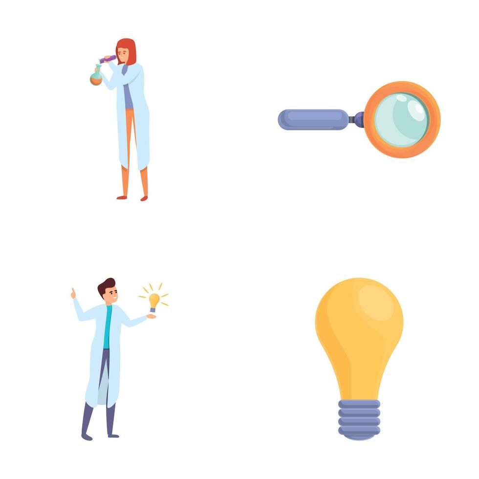 Scientific study icons set cartoon . Scientist making various research vector