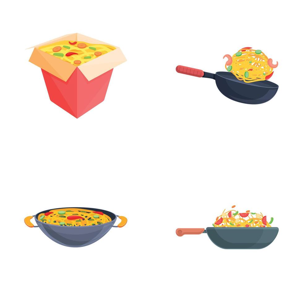Japanese food icons set cartoon . Asian noodle in box and frying pan vector
