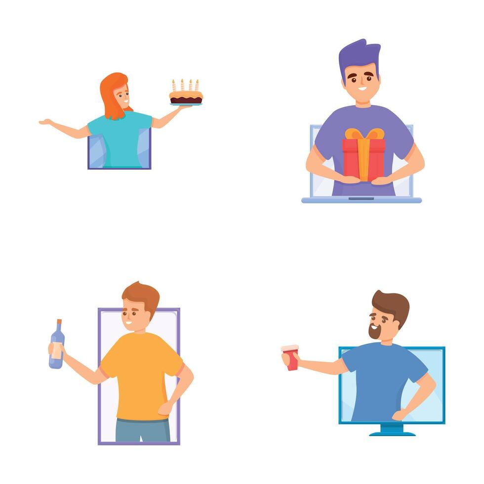 Virtual meeting icons set cartoon . Holiday in period of self isolation vector