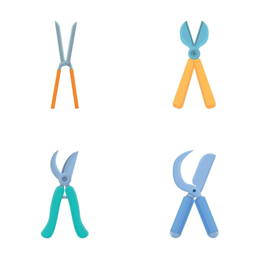 Garden secateurs icons set cartoon . Various garden secateurs vector