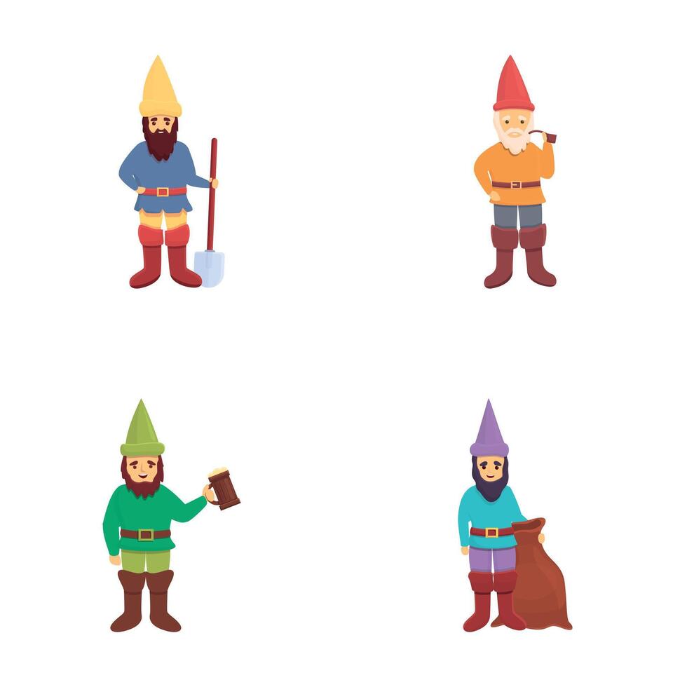 Dwarf icons set cartoon . Funny garden decoration gnome vector