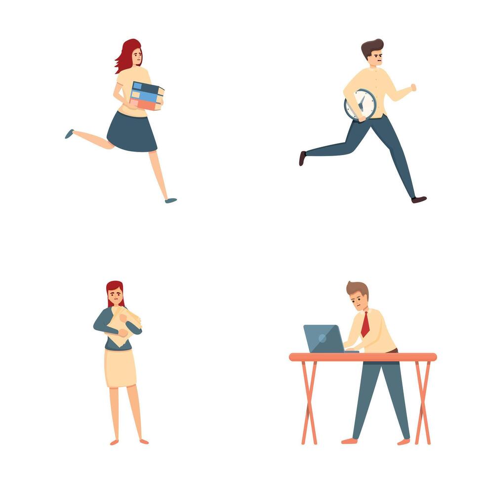 Urgent task icons set cartoon . Hurrying and running office worker vector