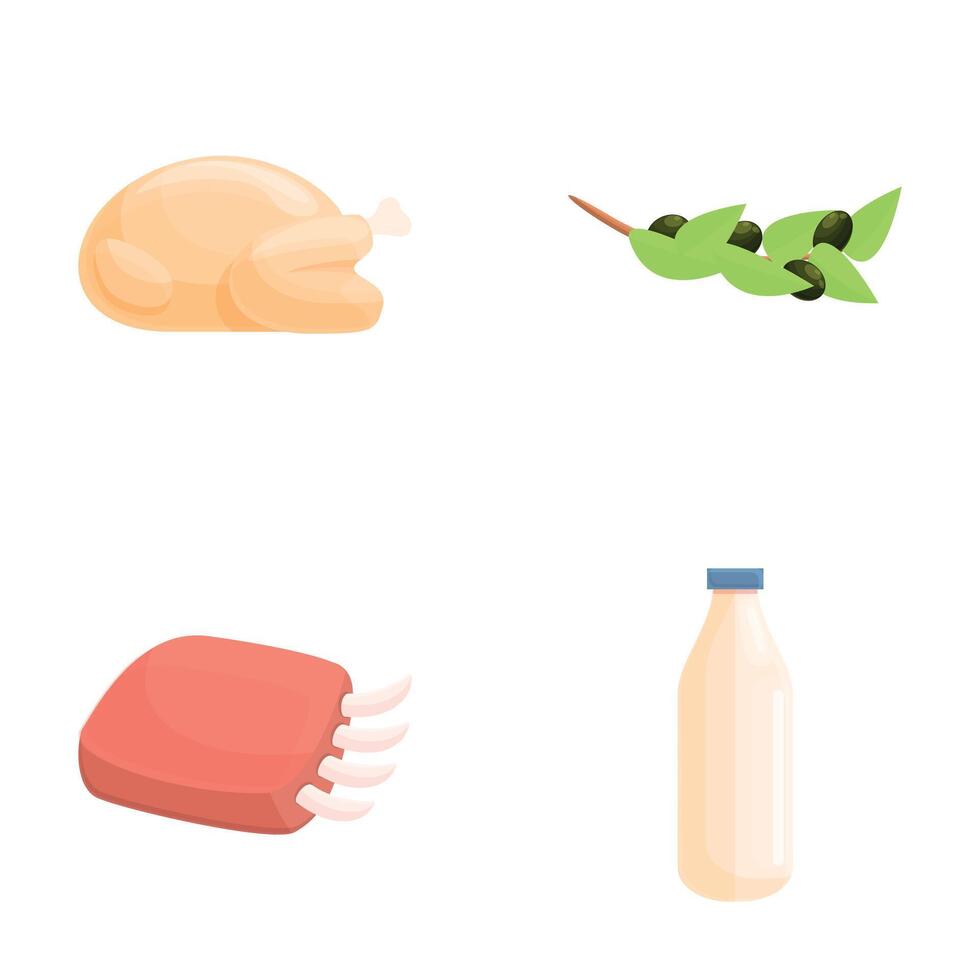 Various food icons set cartoon . Raw meat dairy product and olive branch vector