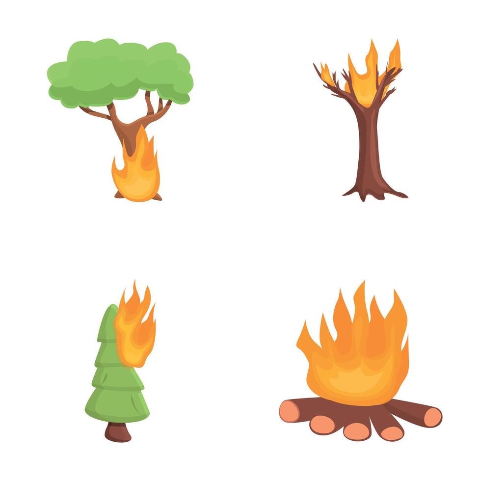 Forest fire icons set cartoon . Burning tree and bonfire vector