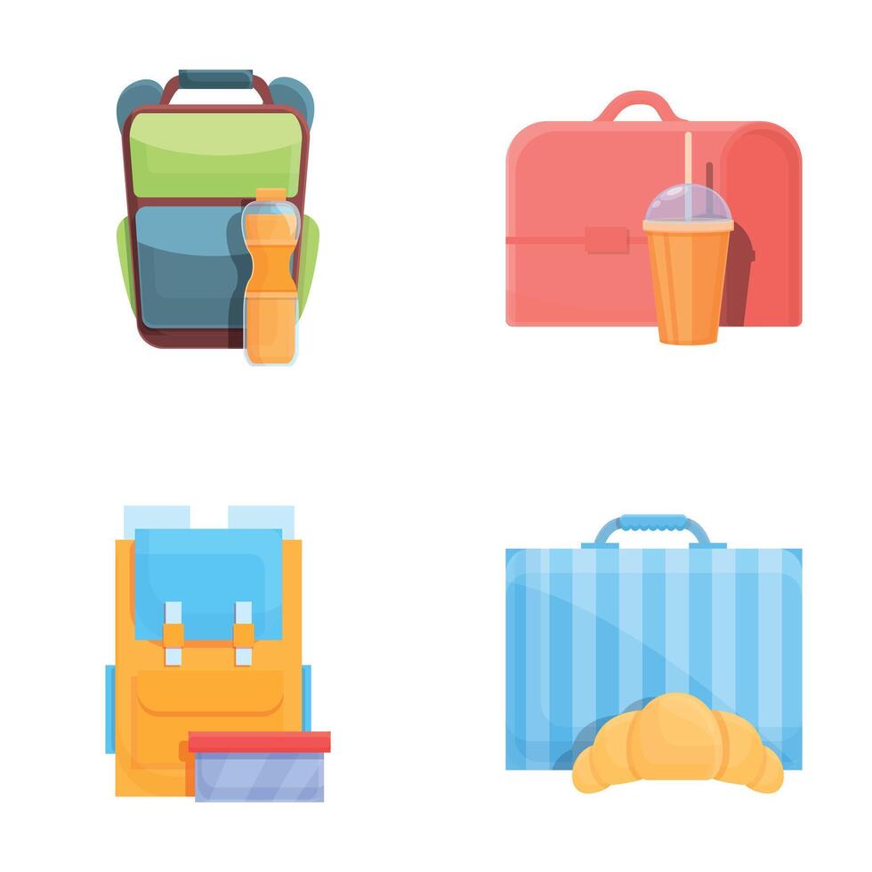 School food icons set cartoon . Container with homemade snack and fruit vector