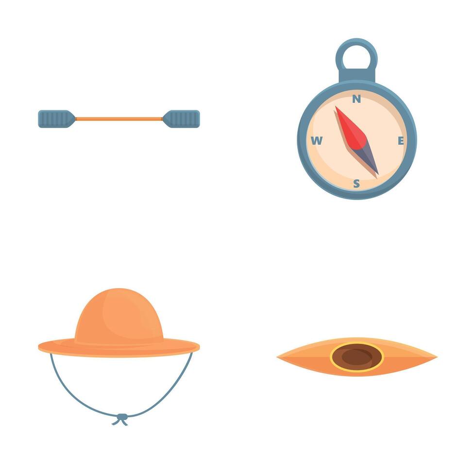 Kayaking equipment icons set cartoon . Various tool for kayaking vector