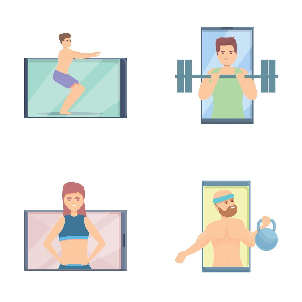 Online fitness icons set cartoon . Professional instructor trainer online vector