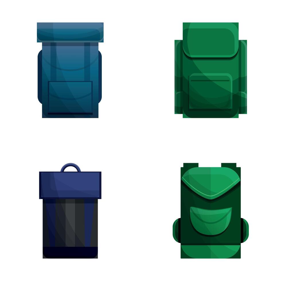 Hiking backpack icons set cartoon . Different backpack vector