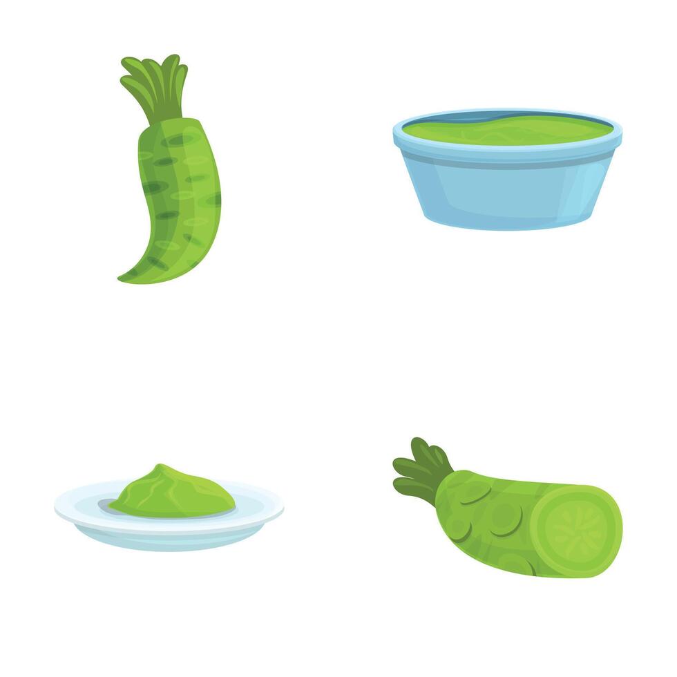 Wasabi dressing icons set cartoon . Wasabi root and bowl of sauce vector