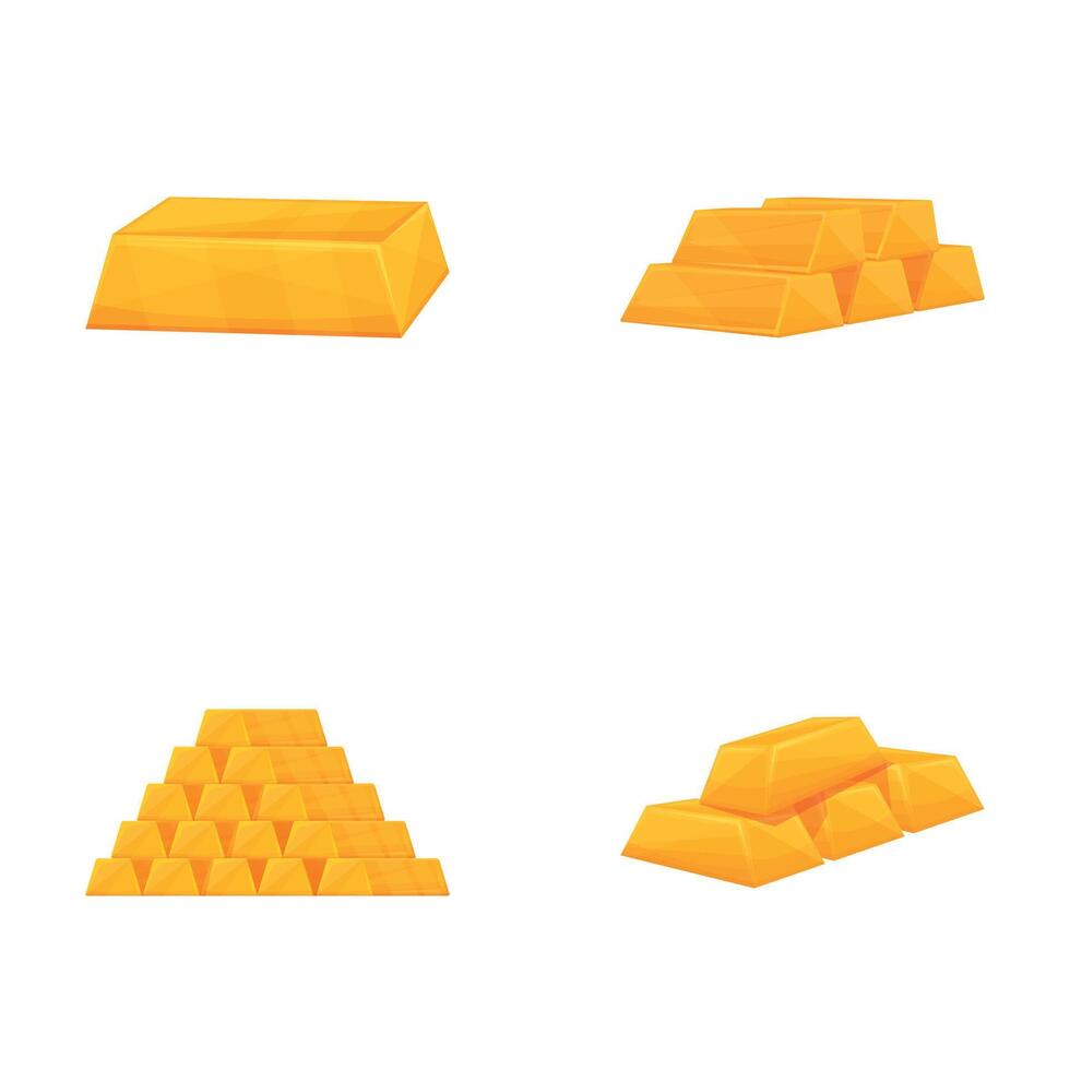 Gold treasure icons set cartoon . Shiny minted gold bar vector