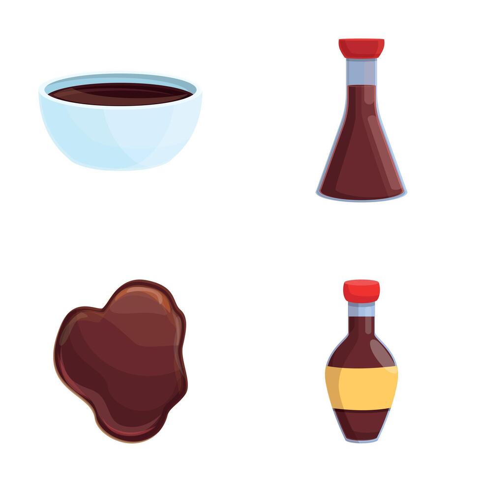 Asian sauce icons set cartoon . Soy sauce in glass bottle and bowl vector