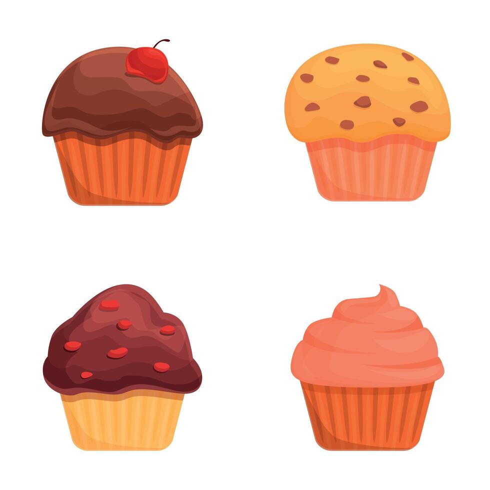 Delicious cupcake icons set cartoon . Muffin various flavor and color vector