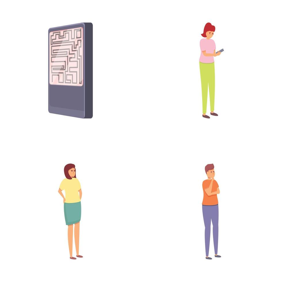 Circus maze icons set cartoon . People solve maze game vector