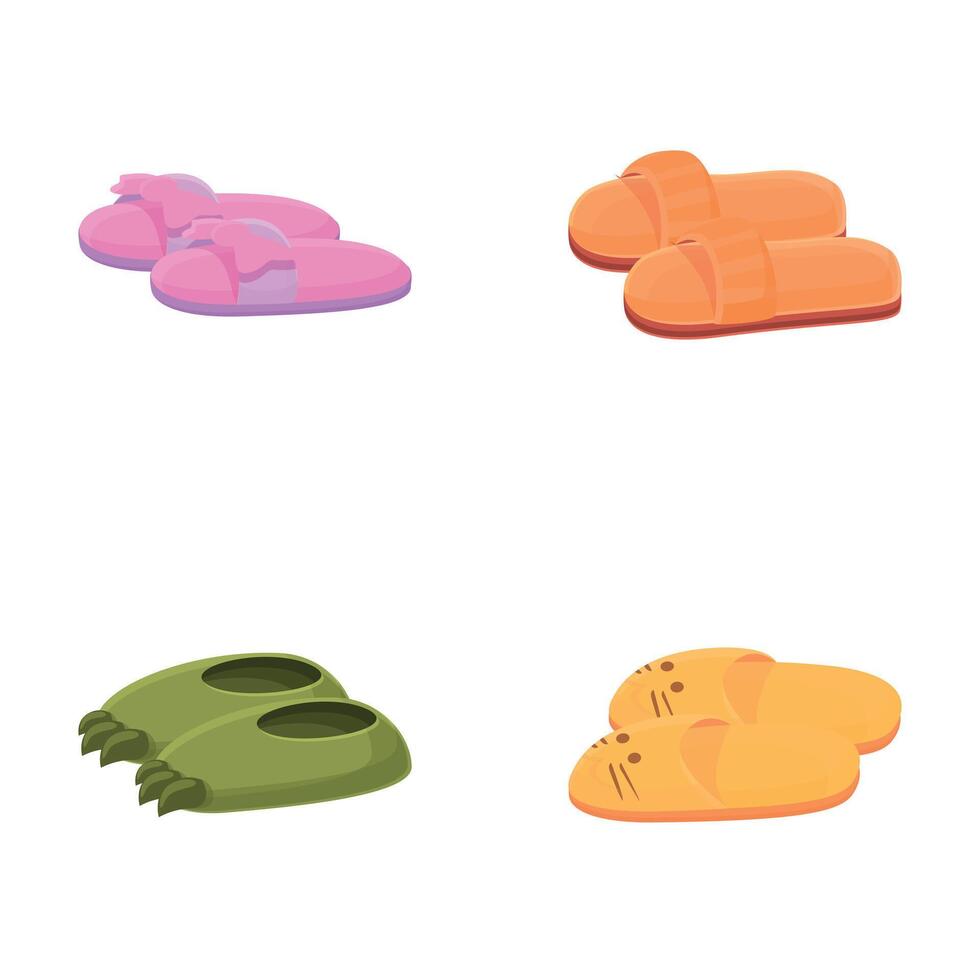 Indoor footwear icons set cartoon . Soft comfortable shoe for home vector