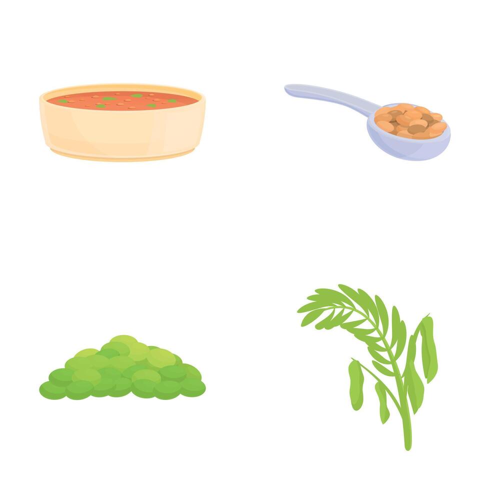 Lentil plant icons set cartoon . Green lentil plant seed in spoon and bowl vector