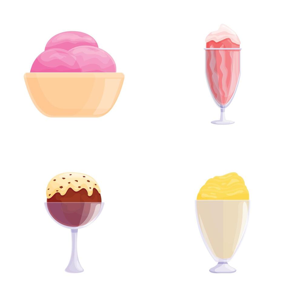Gelato icons set cartoon . Ice cream in various flavor and topping vector