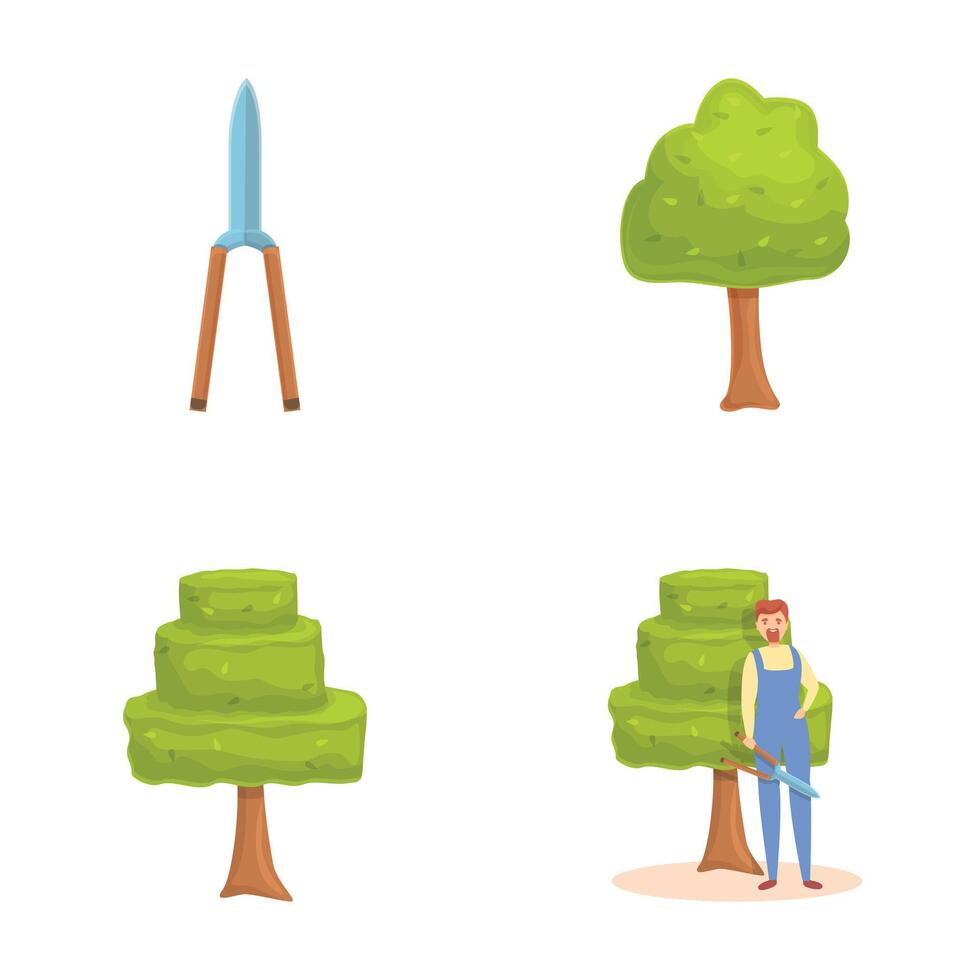 Trimming work icons set cartoon . Professional gardener with various tool vector