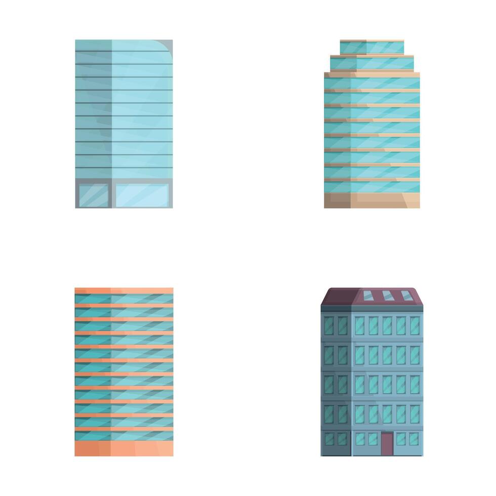 City building icons set cartoon . Building of different shape and height vector