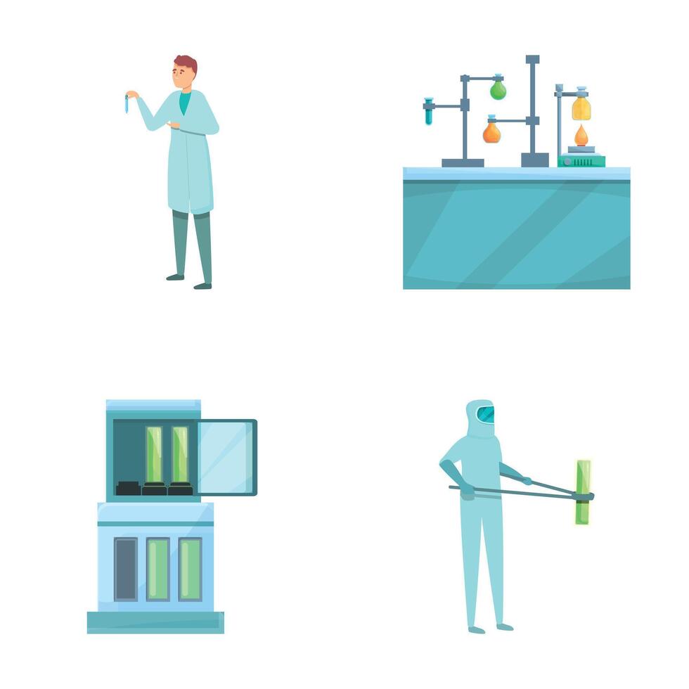 Laboratory research icons set cartoon . Scientist people in laboratory vector