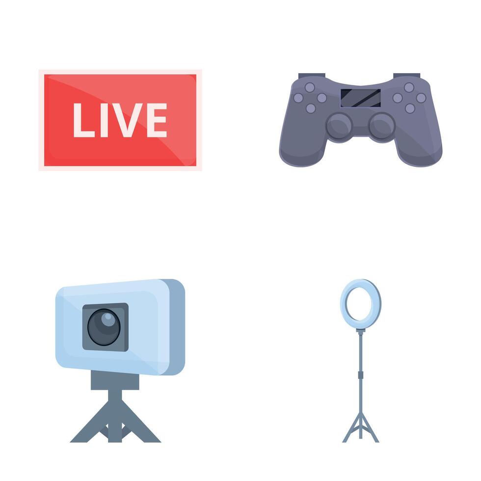 Live streaming icons set cartoon . Blogger online stream on social media vector