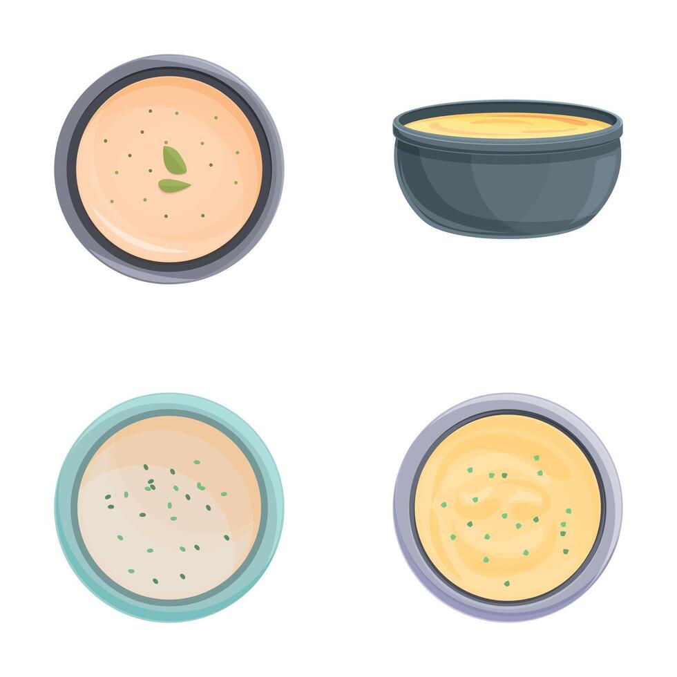 Soup icons set cartoon . Bowl of vegetable soup with peas potato and leek vector