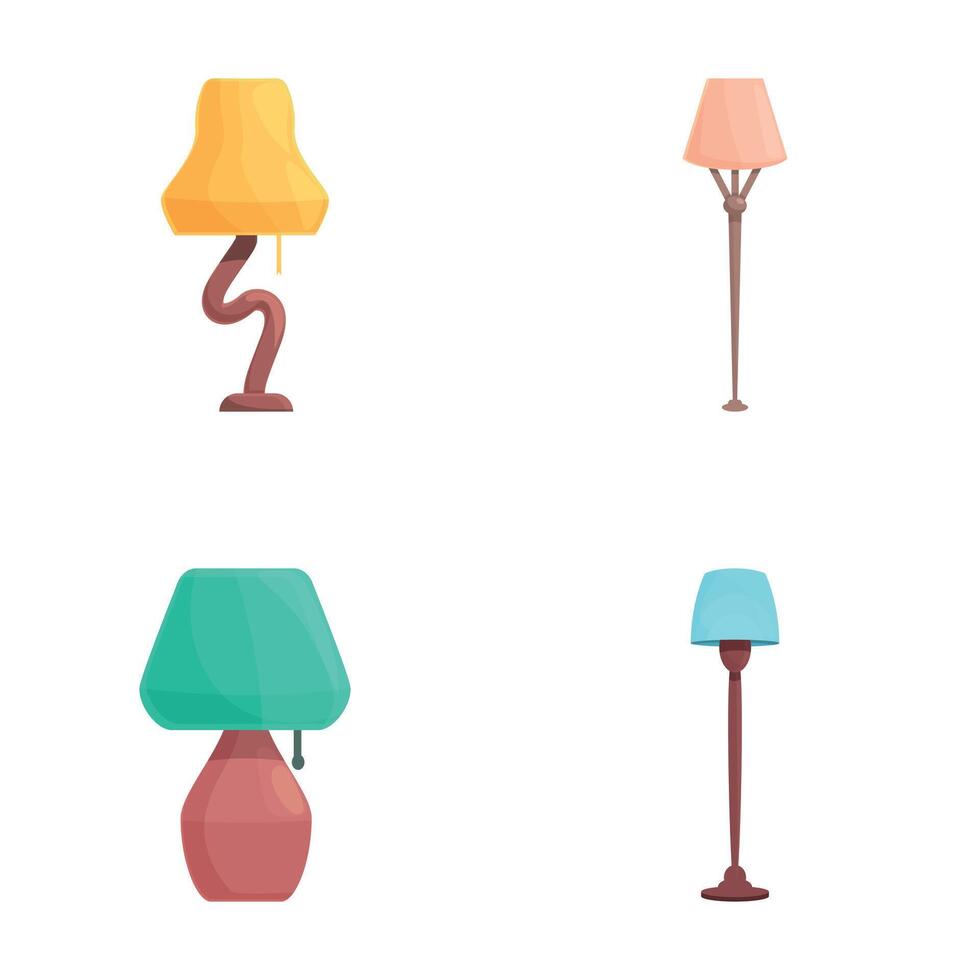 Torchere icons set cartoon . Floor and table torcher with bright lampshade vector