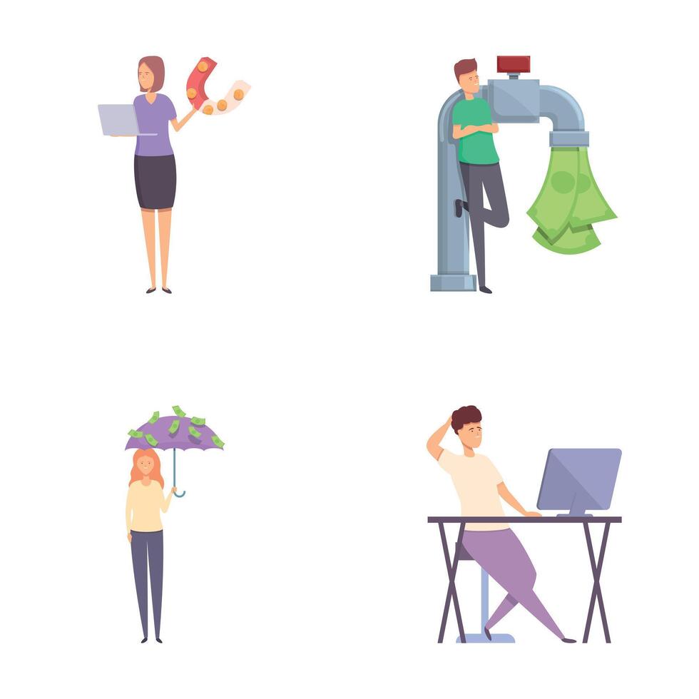Income icons set cartoon . People receive dividend and payment vector