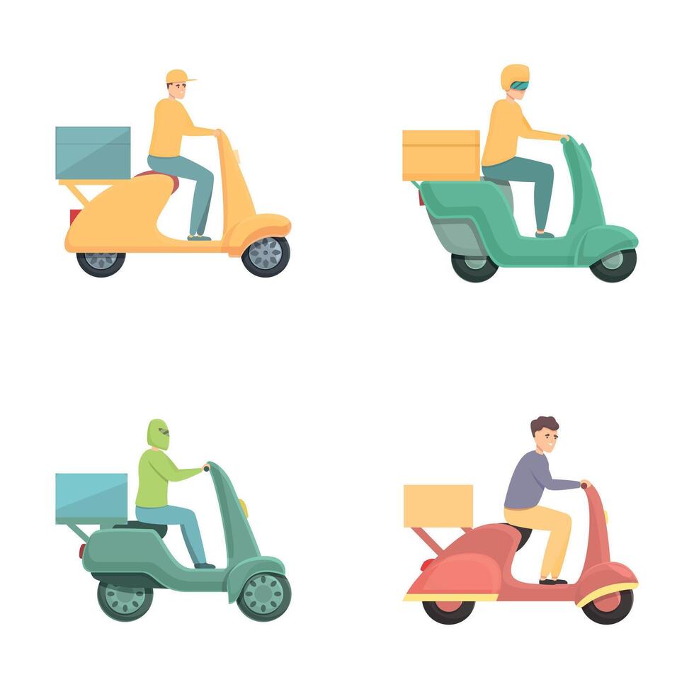 Online delivery icons set cartoon . Delivery man riding on scooter vector