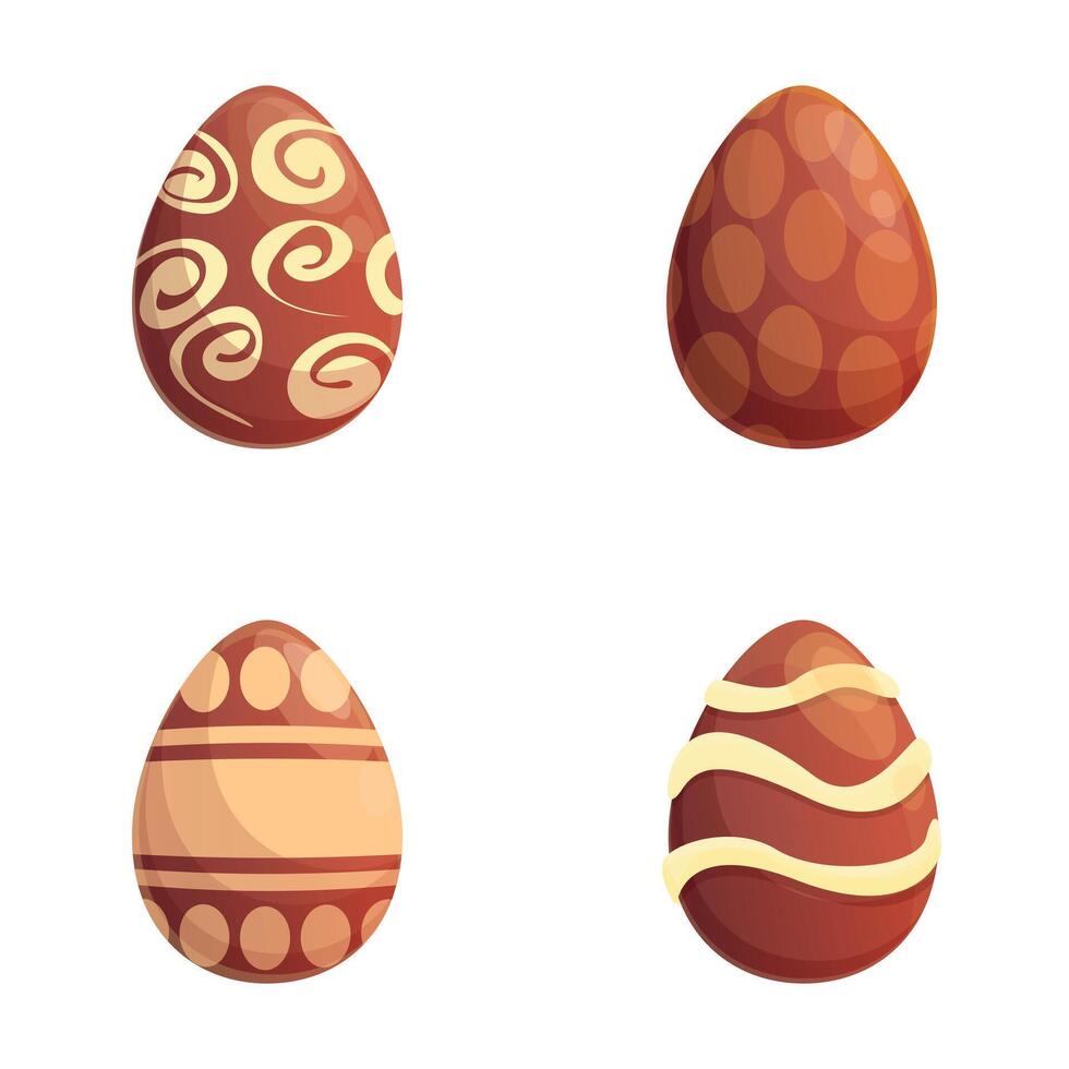 Chocolate egg icons set cartoon . Various decorated chocolate egg vector