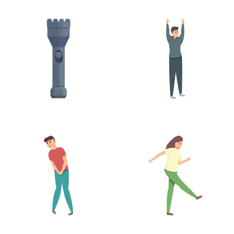 Repelling attack icons set cartoon . Character defends from attack vector