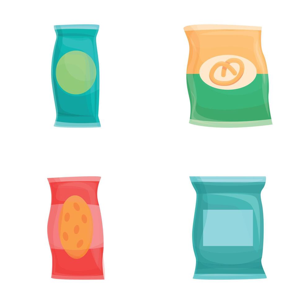 Snack food icons set cartoon . Various type of packaged snack vector