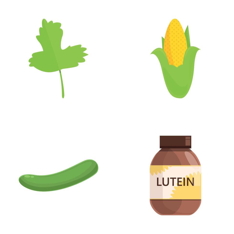 Lutein food icons set cartoon . Lutein product and dietary supplement vector