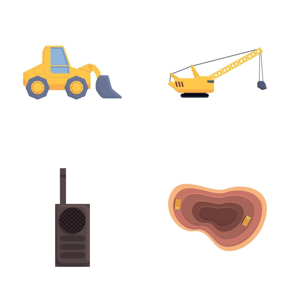 Quarrying icons set cartoon . Machine of quarry mining work vector