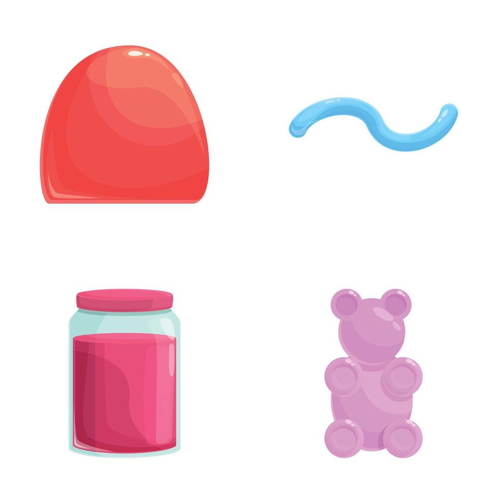 Various jelly icons set cartoon . Colorful gummy and jelly candy vector