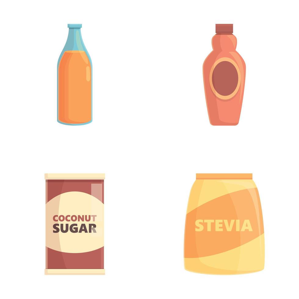 Natural sweetener icons set cartoon . Food substitute in various package vector