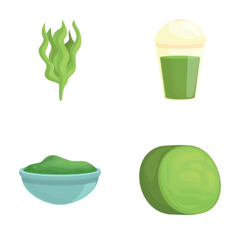 Spirulina product icons set cartoon . Spirulina in powder and smoothie vector