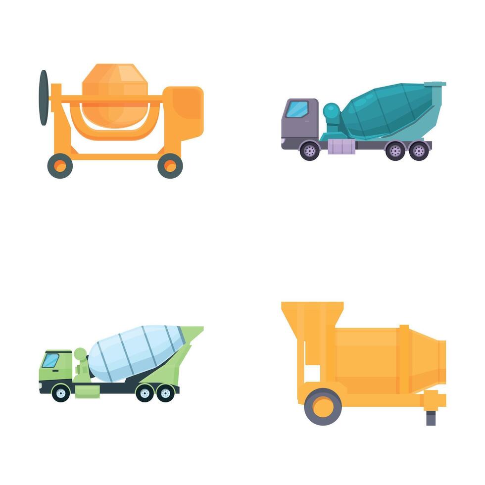 Cement mixer icons set cartoon . Concrete mixer truck vector