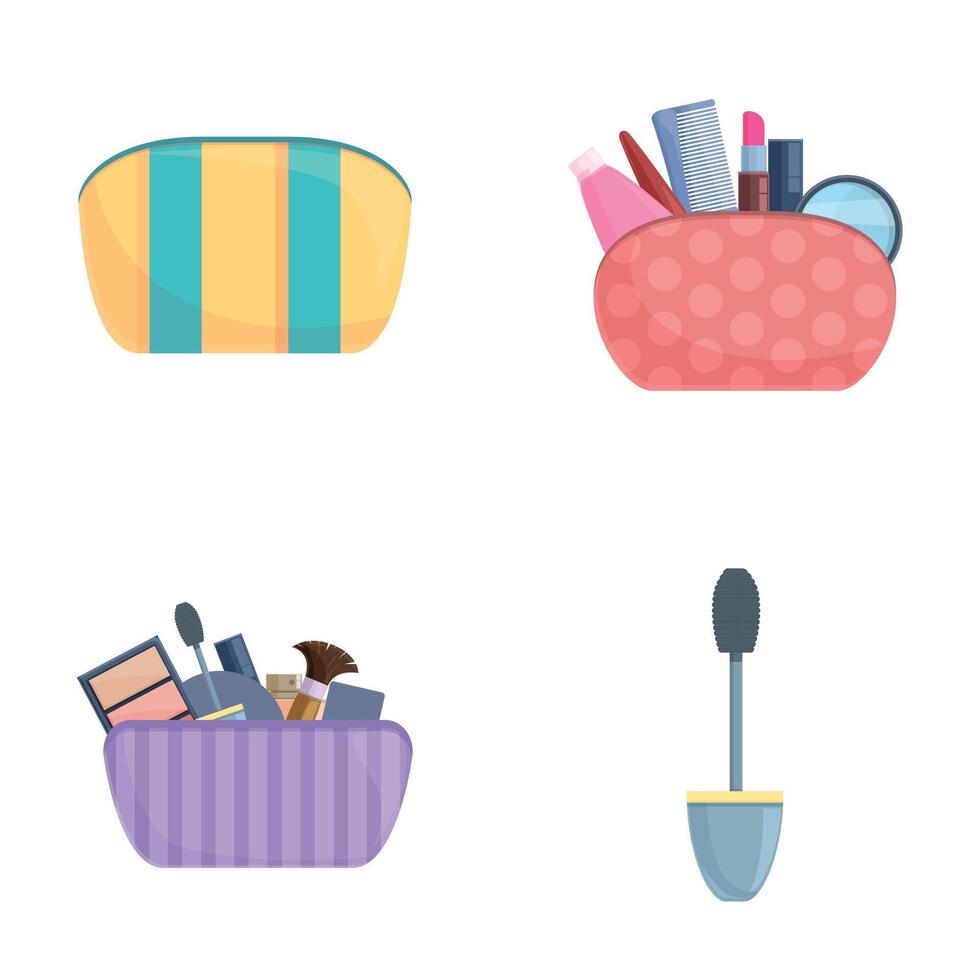 Beauty case icons set cartoon . Female cosmetic product in makeup bag vector