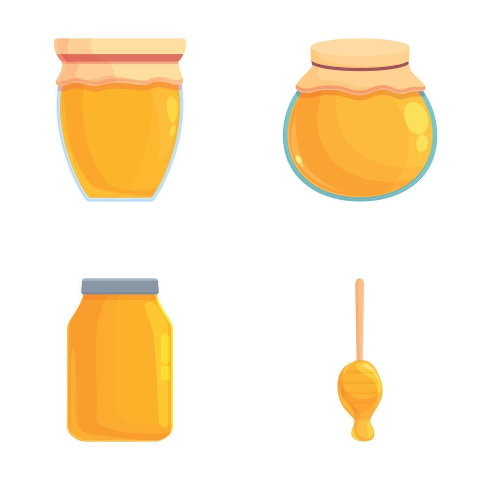 Honey icons set cartoon . Jar of honey and wooden spoon vector