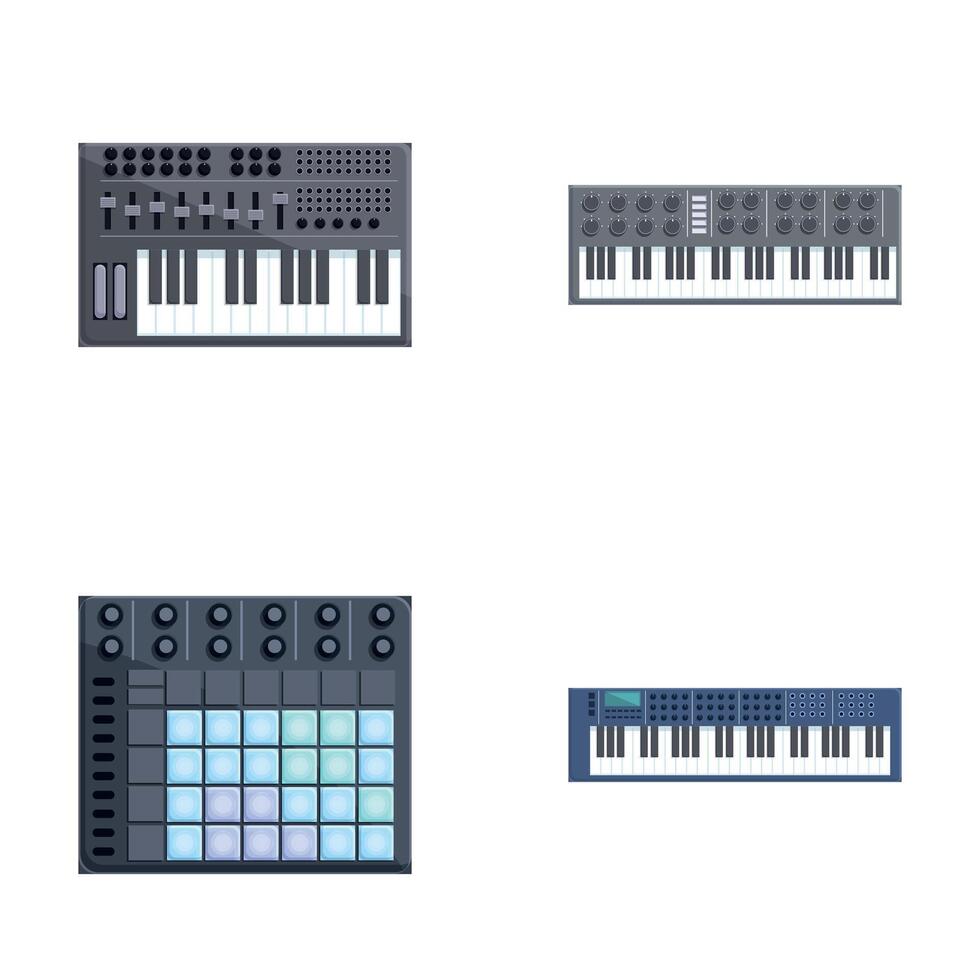 Synthesizer instrument icons set cartoon . Electromusical techno synth vector