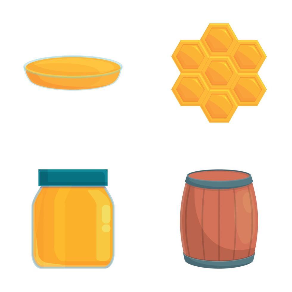 Fresh honey icons set cartoon . Honeycomb jar and barrel of honey vector