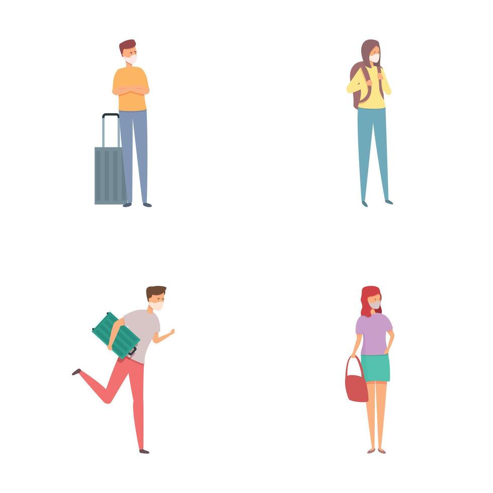 Virus prevention icons set cartoon . Tourist in protective medical mask vector