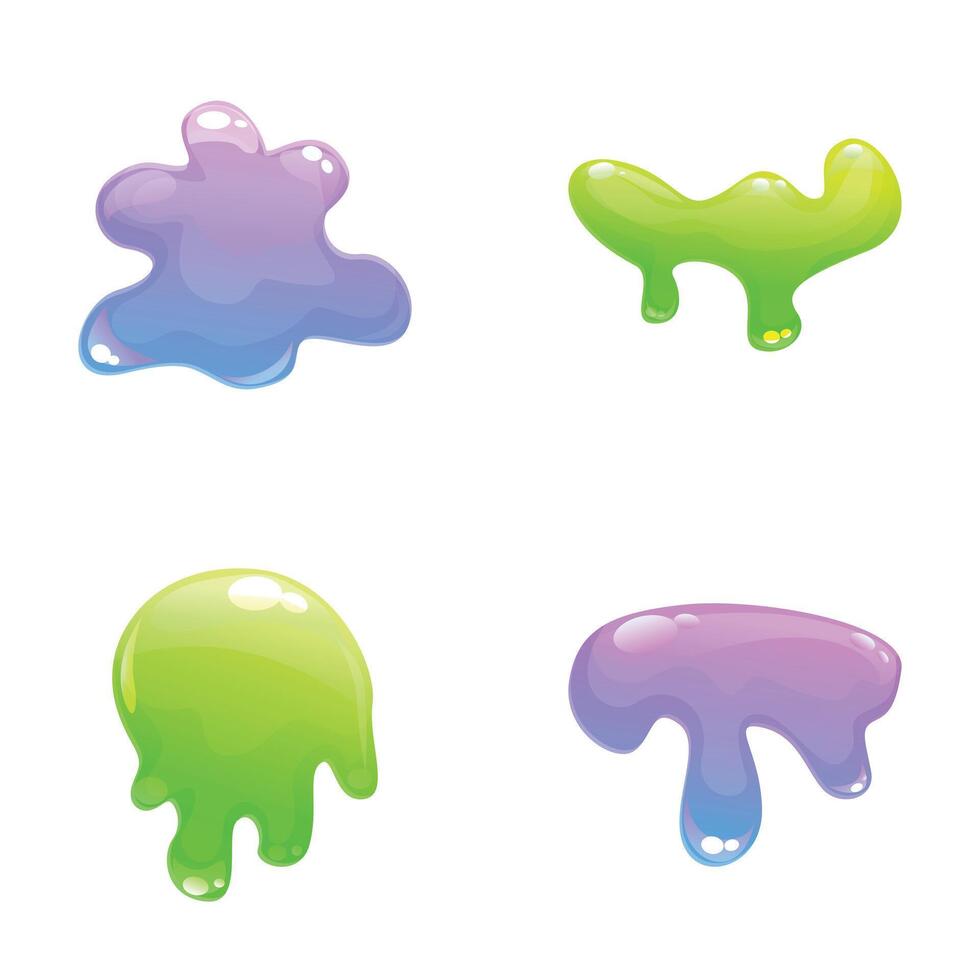 Liquid slime icons set cartoon . Colorful dripping slime stain vector