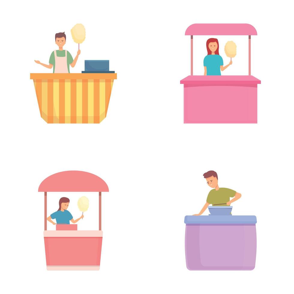 Food cart icons set cartoon . Seller of cotton candy near trolley vector