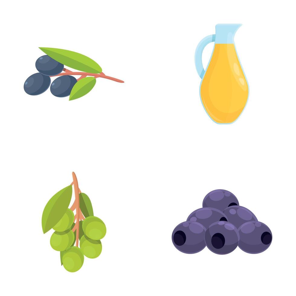 Olive product icons set cartoon . Olive oil and tree branch with fruit vector
