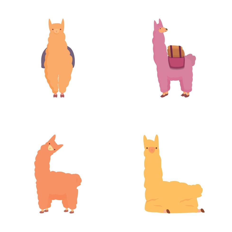 Funny llama icons set cartoon . Funny alpaca character vector