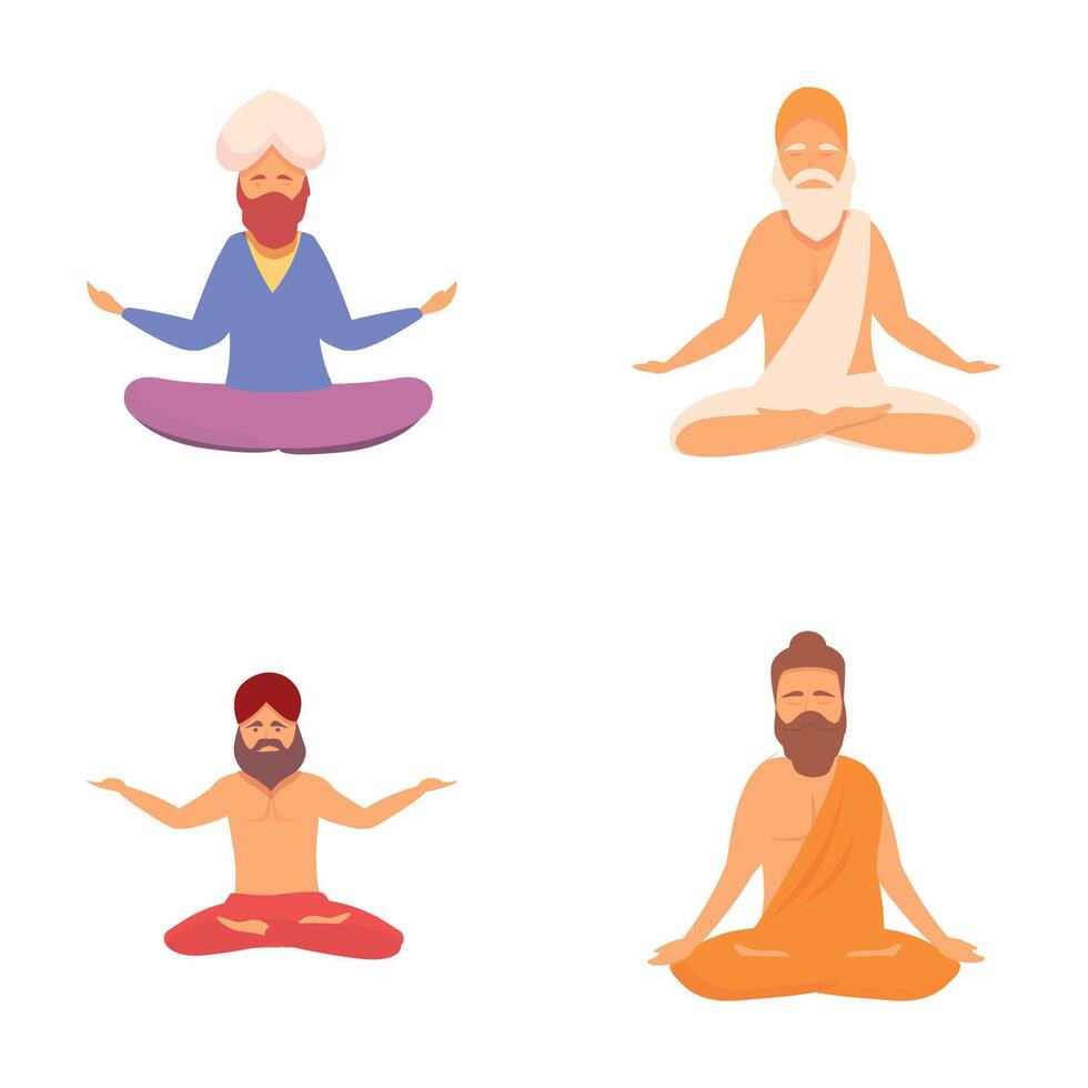 Yogi man icons set cartoon . Meditating man in yoga lotus pose vector